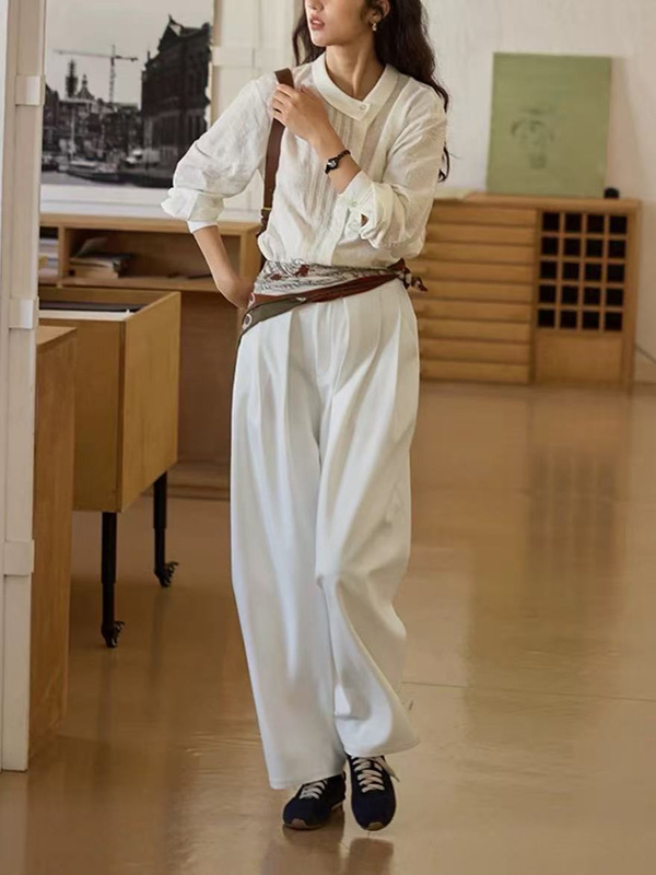 【8/25 零点新品9折】solighter 法式亚麻不对称翻领提花衬衫女秋|undefined