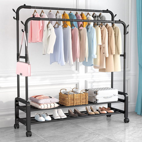 Simple clothes rack, indoor standing double rod hanger, home wardrobe, bedroom, balcony clothing drying rack, ginger tea