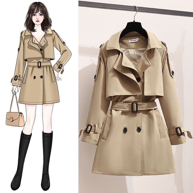 ng2510292 Trench Coat Curto Feminino, Nova Tendência Outono 2024 para Mulheres de Estatura Baixa, Alonga a Silhueta, Estilo Britânico, Casaco Elegante_voghion.com