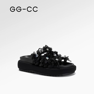 Ggcc2025 New Summer Style French Wave Style Thick-Soled Slippers for Women with Floral Half-Slippers [Midsummer Evening Breeze]