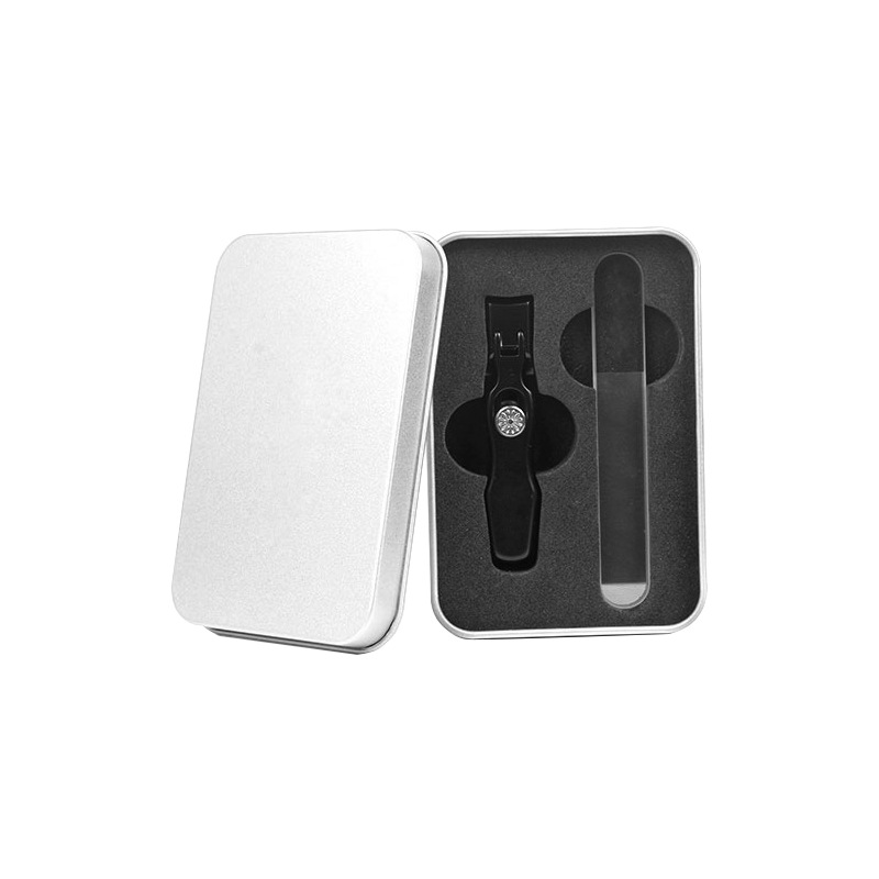 Black small glass nail scissors, tin box for nails