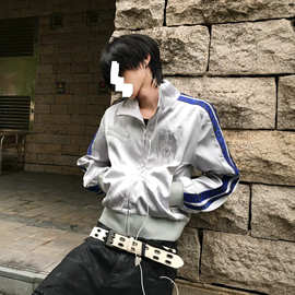街头亚文化短款正肩刺绣外套男女早秋新款蓝织带豹纹缎面立领夹克