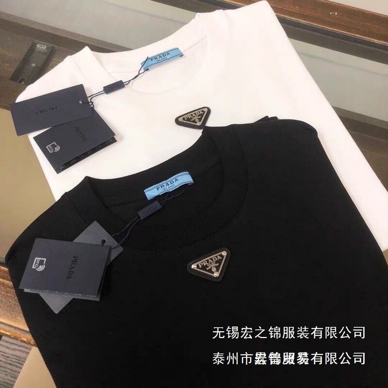 100% Cotton Triangle Metal Logo High-Quality Lettered Trendy Brand Short-Sleeve Crew Neck Unisex Casual T-Shirt Base Layer