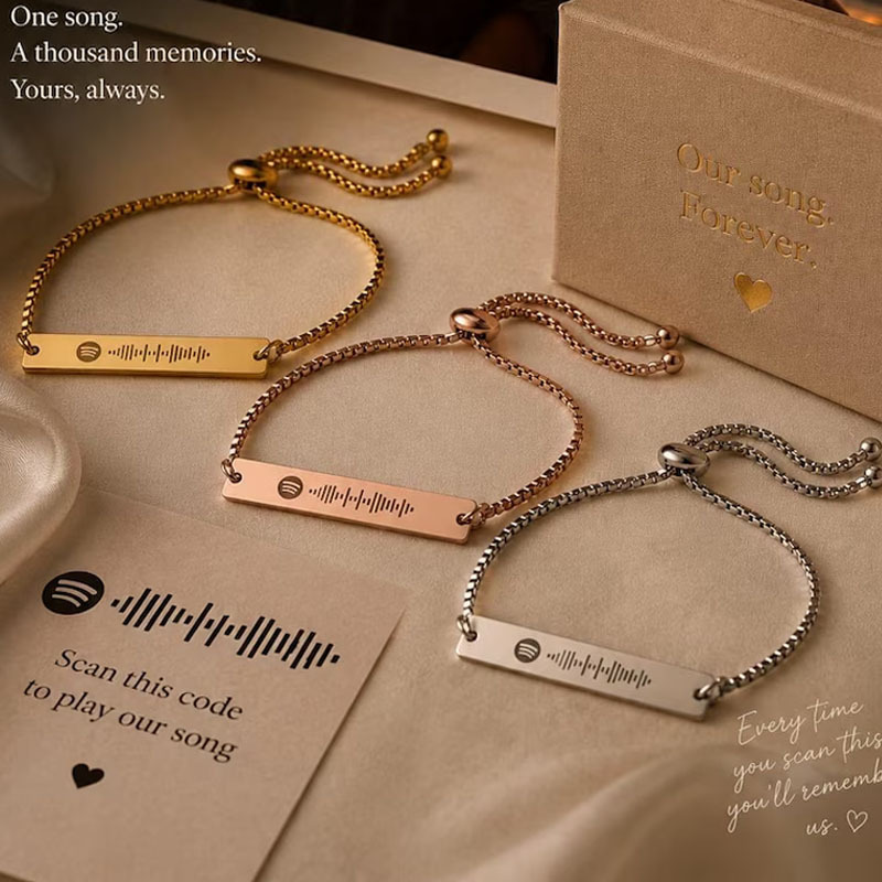 304 stainless steel bracelet Thanksgiving gift with engraved musical notes, Spotify bar-shaped curved tag bracelet with engraving