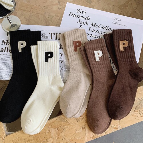 Autumn/Winter Pure Cotton Women's Medium Calf Non-Slip Trendy Women's Socks with Embroidered P-Letter Striped Long Calf Casual Sports Socks
