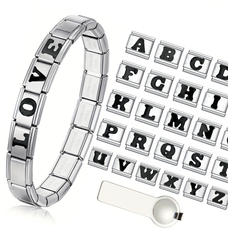 Italian Charm bracelet Stainless Steel Black English Initials DIY Italian Module Bracelet Italian Charm bracelet Stainless Steel Black English Initials DIY Italian Module Bracelet