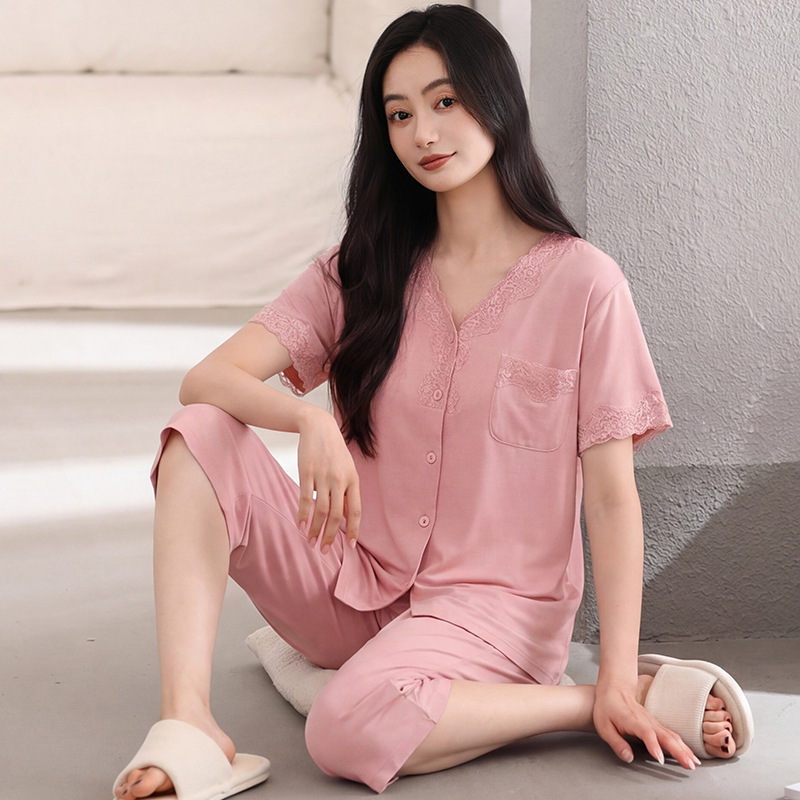 Dropshipping New Summer V-Neck Pure Cotton Thin Short-Sleeve Cardigan with Three-Quarter Pants, Plus-Size Women's Summer Loungewear