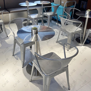 Industrial style stainless steel solid round table square table tea restaurant cafe milk tea dessert shop balcony leisure dining table and chairs 3