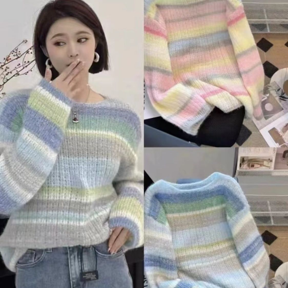 【 Cashmere Family】 Maglione da donna in maglia morbida e appiccicosa a righe arcobaleno, girocollo corto in lana, strato interno_voghion.com