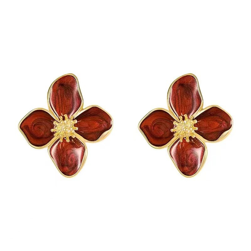 Silver Needle Clover Roselle Earnail Dropping Glaze Colorful Versatile Hepburn Style Minimalist Small Flower_voghion.com