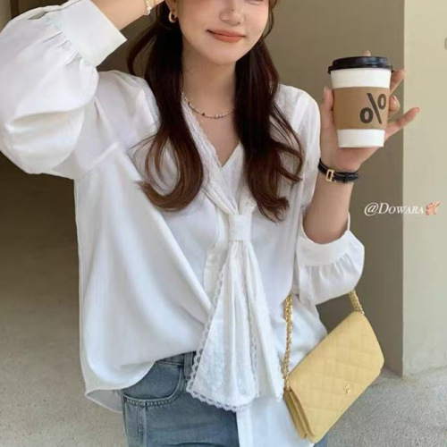 Women's Spring Micro Plus Size Slimming French White Collared Blouse with Lace Trim Navy Design Sensory Top