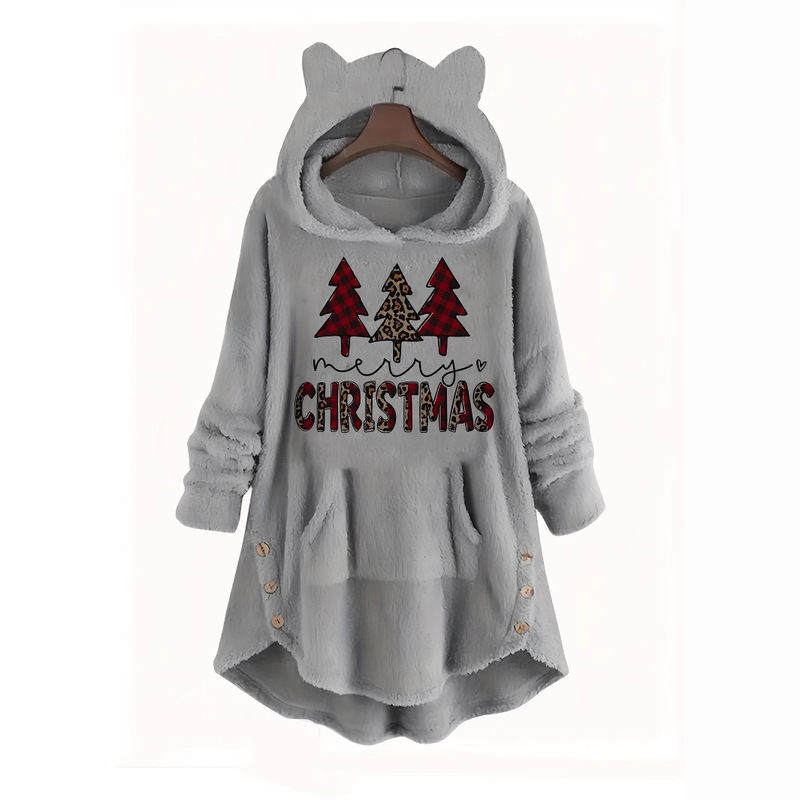 Christmas Hooded Fluffy Top Autumn and Winter Thickened Christmas Tree Printed Button Decorative Long Sleeve Fluffy Top Women's Sweat