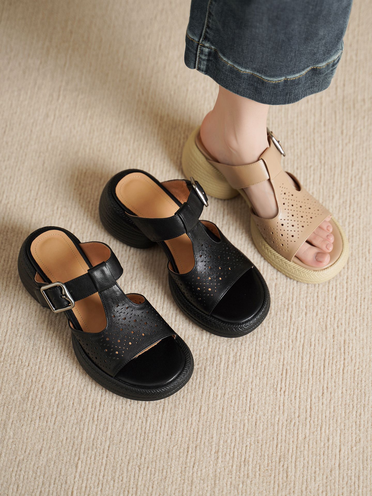 Sandal nữ da bò cao gót quai chữ T đế dày — đen chi tiết 1