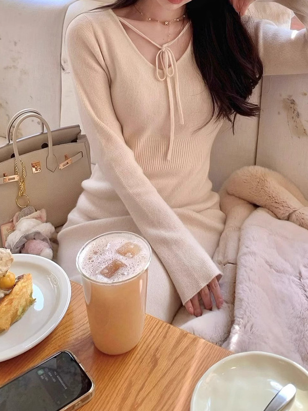 Just One Look Makes Your Heart Flutter Camel Velvet Rabbit Velvet Wool Lace-Up Knitted Dress Women's Winter New Sweater Dress
