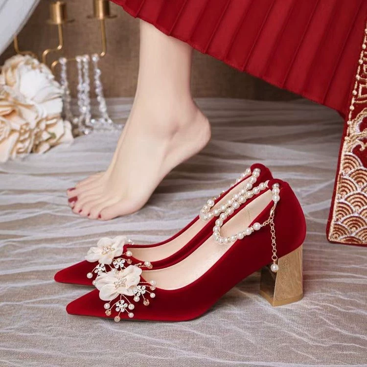 2024 Весенняя свадебная обувь женская грубая красная невеста