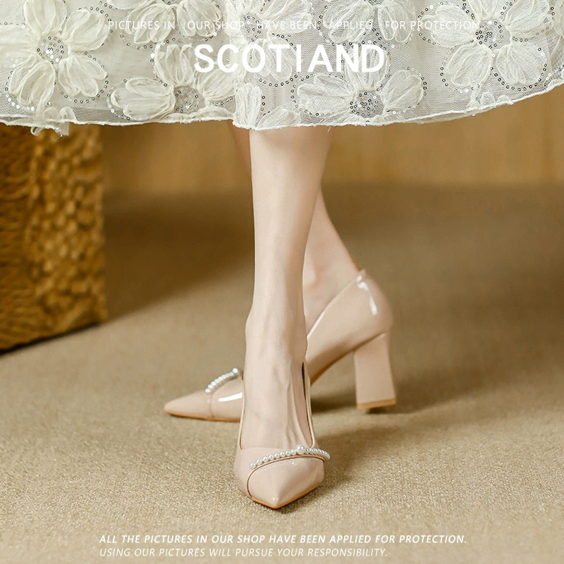 Fu Xing Girl 2025 Новый французский остроконечный туфли на высоком каблуке женский темперамент нишевые свадебные туфли с толстыми каблуками