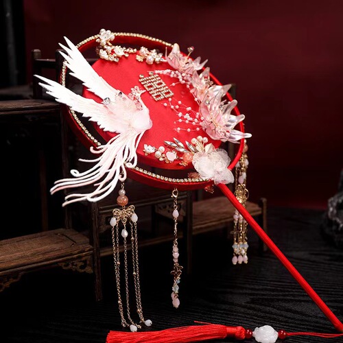 Round fan, ancient style bridal round fan, wedding finished round fan material, DIY Xiuhe fan wholesale