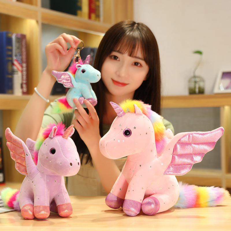 新款彩独角兽公仔挂件钥匙扣天使马抱枕玩偶少女心娃娃亮片带翅膀