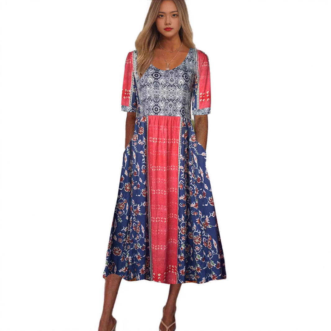 Summer Women's Fashion Crew Neck Short Sleeve Long Skirt Bohemian Dress Women_ecoleips.com