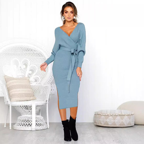 5-Color Bestselling Autumn/Winter Sexy V-Neck Tie-Up Long-Sleeve Women's Dress Amazon Wish