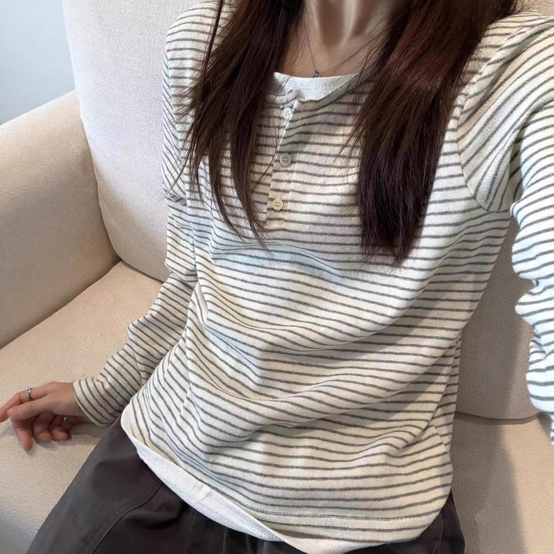 Korean-Style Retro Henley Collar Fake Two-Piece Striped Long-Sleeve T-Shirt for Women, Early Autumn Loose and Casual Niche Top