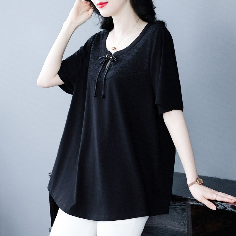 Summer New Chinese Style Plus Size Elegant Fashion Patchwork Pure Cotton Top for Women, Middle-Aged and Elderly Style, Lace Loose Short Sleeve