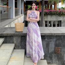 Women's Dresses 法式印花挂脖吊带裙连衣裙海边度假浪漫紫色长裙