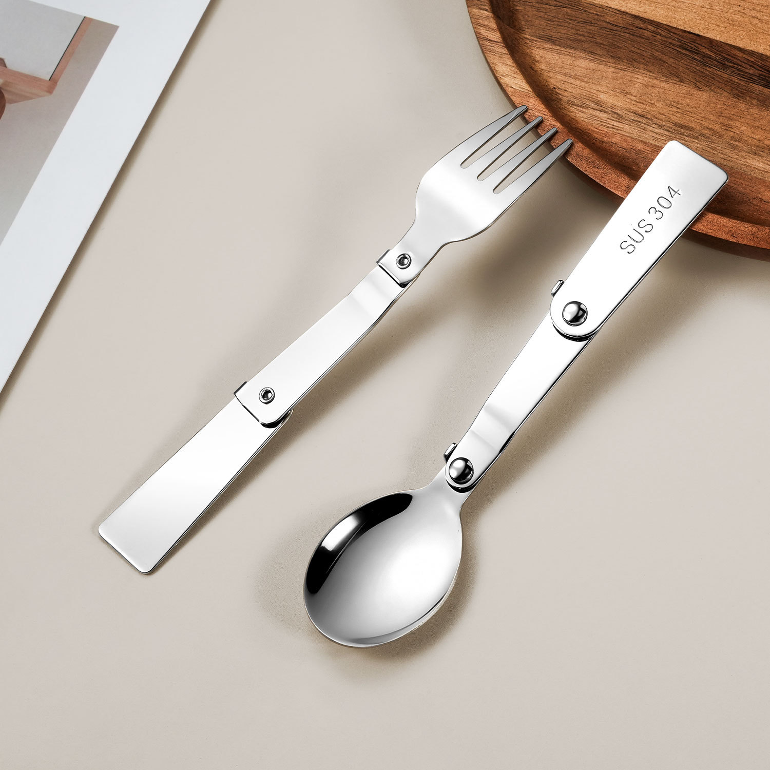 Cuchara y Tenedor Plegable Portátil 304 de Acero Inoxidable 304 para Campamento al Aire Libre