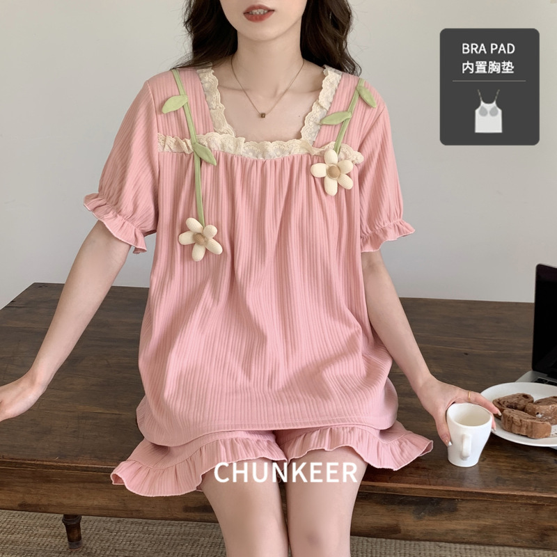 Pajamas Women's Summer Court Style Short-sleeved Shorts Princess Style Headband Chest Pad Outwear Casual Home Clothes suit