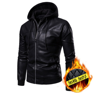 New Quilted Hooded Leather Jacket for Men, Trendy Motorcycle Jacket, Loose Hooded Cotton Thickened Men's Leather Jacket