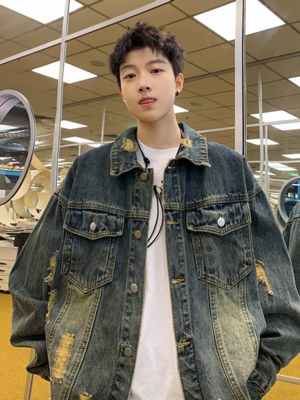 水洗做旧破洞牛仔外套男宽松潮牌痞帅高级感美式复古休闲夹克上衣|undefined