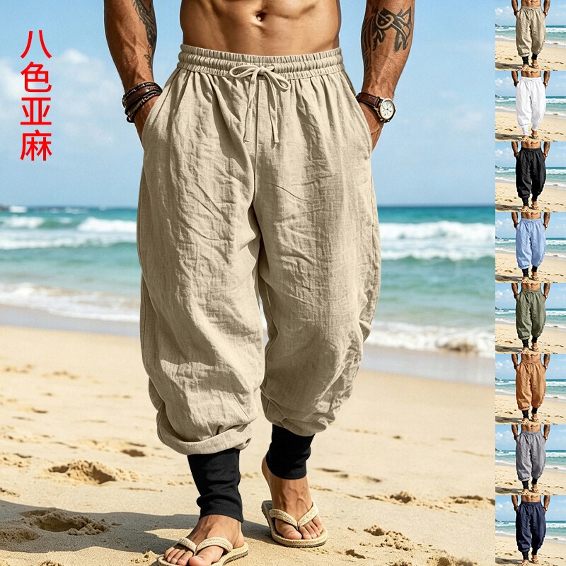 2026 New Cross-Border Casual Linen Beach Commuter Breathable Vacation Color-Blocking Loose Jogger Drawstring Pants
