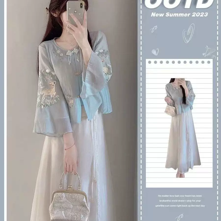 新中式国风连衣裙汉服女茶艺服休闲款唐装上衣衬衫连衣裙两件套