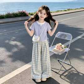 女孩独特漂亮衣服时尚格纹裤夏装中大童夏季新款假两件拼接两件套
