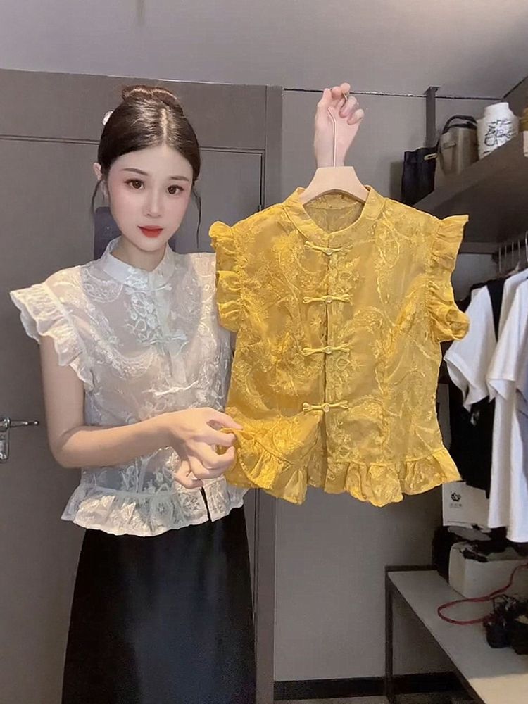 European Summer New Fashion Chinese Style Cheongsam with Buttoned Ruffled Edges, Loose Flying Sleeves, Lace Vest for Women