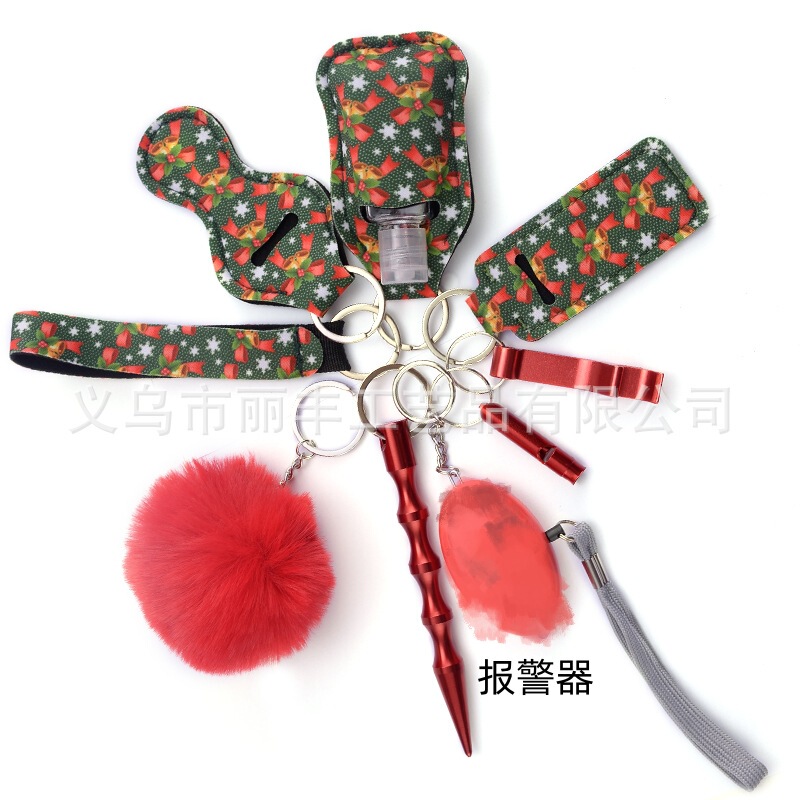 Cross-border Christmas self-defense wrist pompon 10 pieces suit women's hand sanitizer bag Wolf-proof alarm keychain