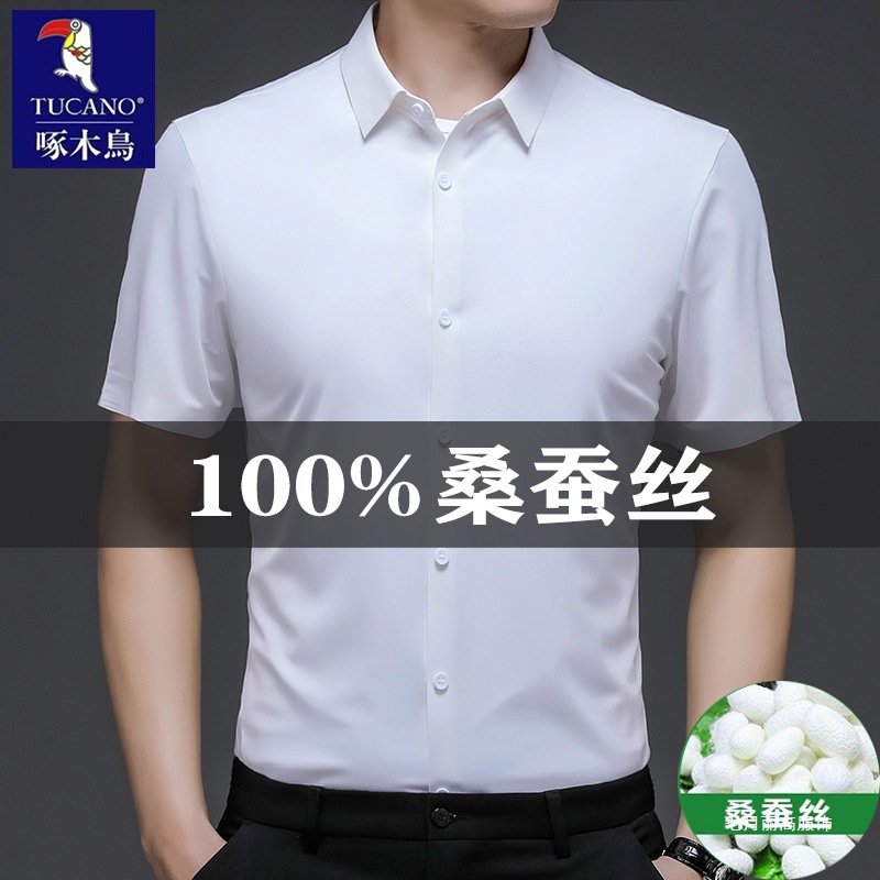 啄木鸟桑蚕丝无痕短袖衬衫男2026夏季新款商务正装免烫休闲衬丽高