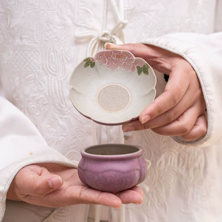 焦糖手绘牡丹花全瓷过滤组细孔茶叶过滤器釉上彩描金茶漏组底托