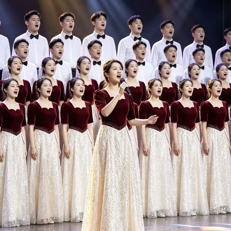 Stage performance, red song competition, choir costumes, poetry recitation, hosting, conducting, large choir performance attire, art exam evening gown Stage performance, red song competition, choir costumes, poetry recitation, hosting, conducting, large choir performance attire, art exam evening gown