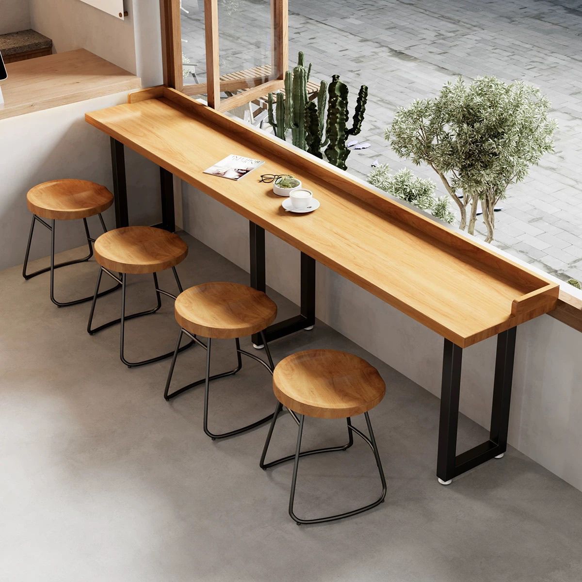 Low Bar Table with Baffle, Wrought Iron Solid Wood Bar Table and Chair Combination for Opening a Shop, Can Be Nailed to a Long Narrow Table by the Window