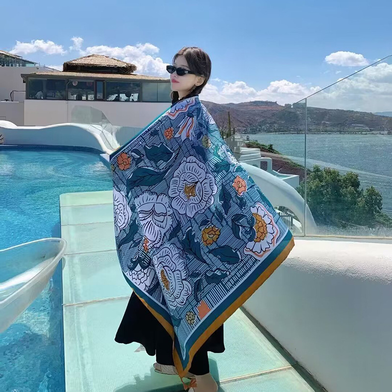 Sopa de satén de twill para mujeres 2025 bufandas de viento nacional de verano tibetanas bufandas de seda protector solar lago Qinghai turismo foto toalla de playa