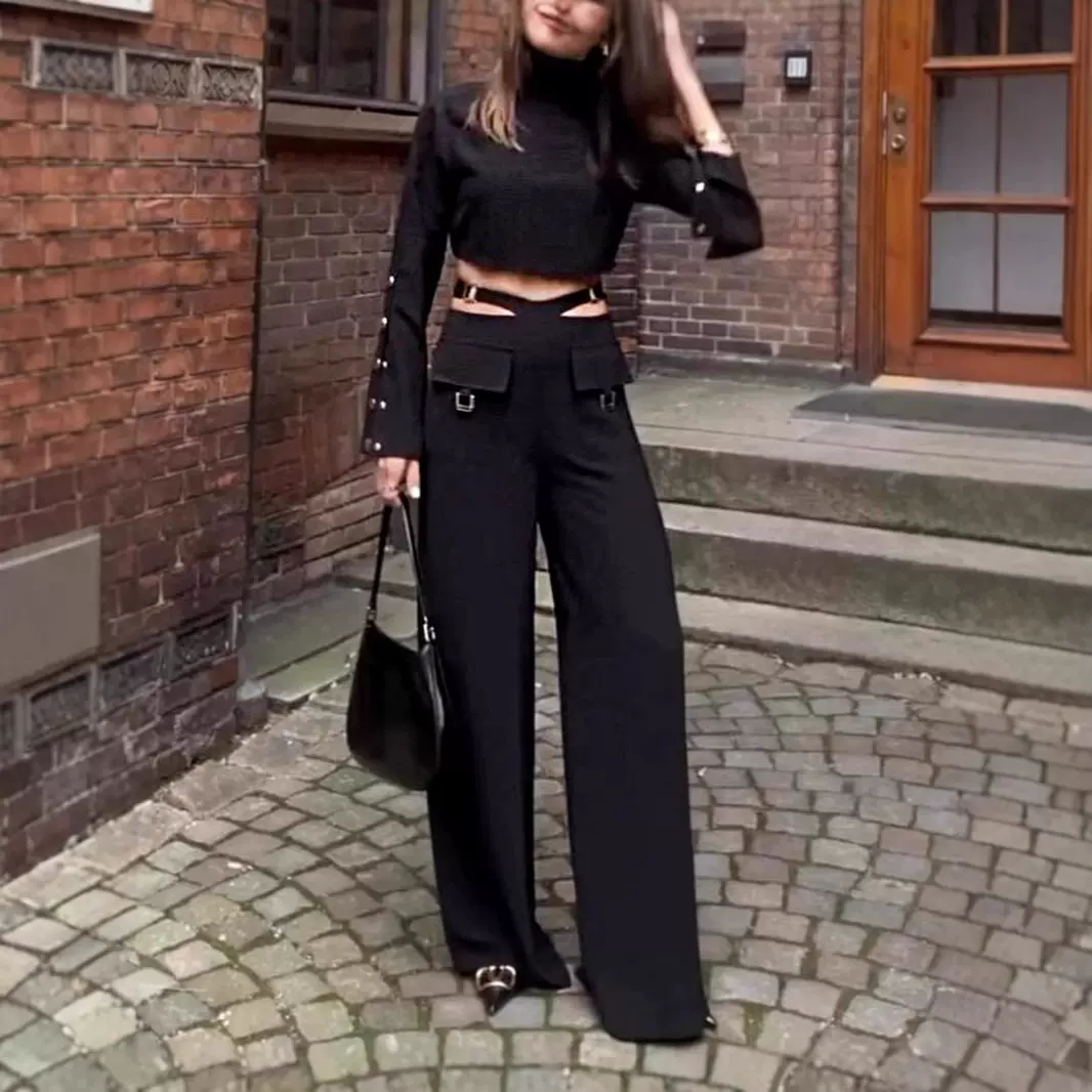 欧美跨境2024新款纯色纽扣系带圆领上衣露腰直筒裤套装欧美潮流风