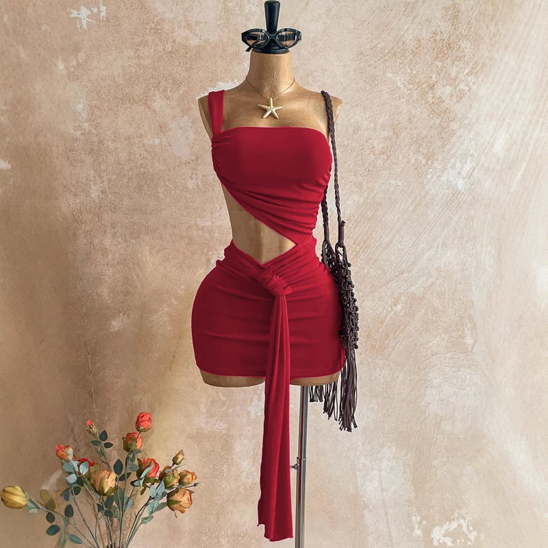 Laiya Women's Fashionable and Sexy Solid Color Tie Mini Dress Summer Elegant Dress for Women Laiya Women's Fashionable and Sexy Solid Color Tie Mini Dress Summer Elegant Dress for Women