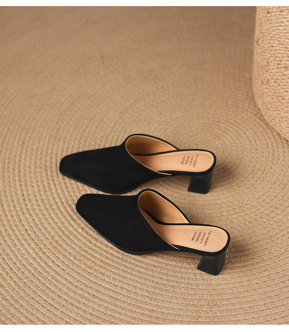 Sandal cao gót nữ mũi vuông da lộn, gót 7 cm, kiểu dáng nửa kéo — đen chi tiết 22