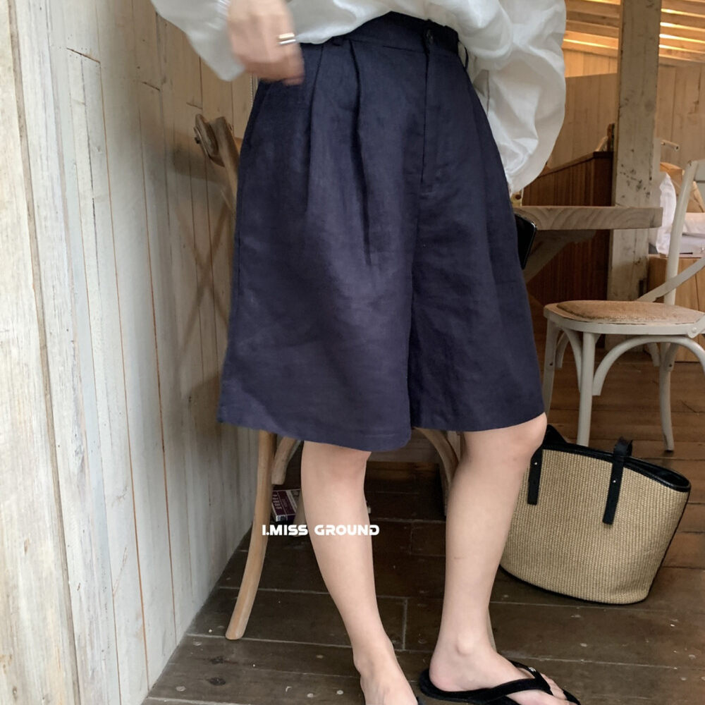 Quần culottes nữ ống rộng cạp cao chun lưng vải linen mùa hè — xanh đậm, màu sắc, Xanh nước biển, dưa lưới