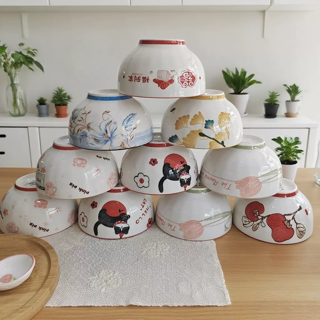 陶瓷釉下彩4.65美竹高脚碗高颜值餐具米饭碗复古风陶瓷碗批发