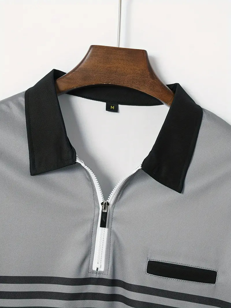 Striped Polo Shirt For Men With Turn-down Collar And Zipper_voghion.com