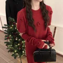 韩系百搭显瘦法式立体花朵圆领设计感新年长款连衣裙毛衣女配袖套