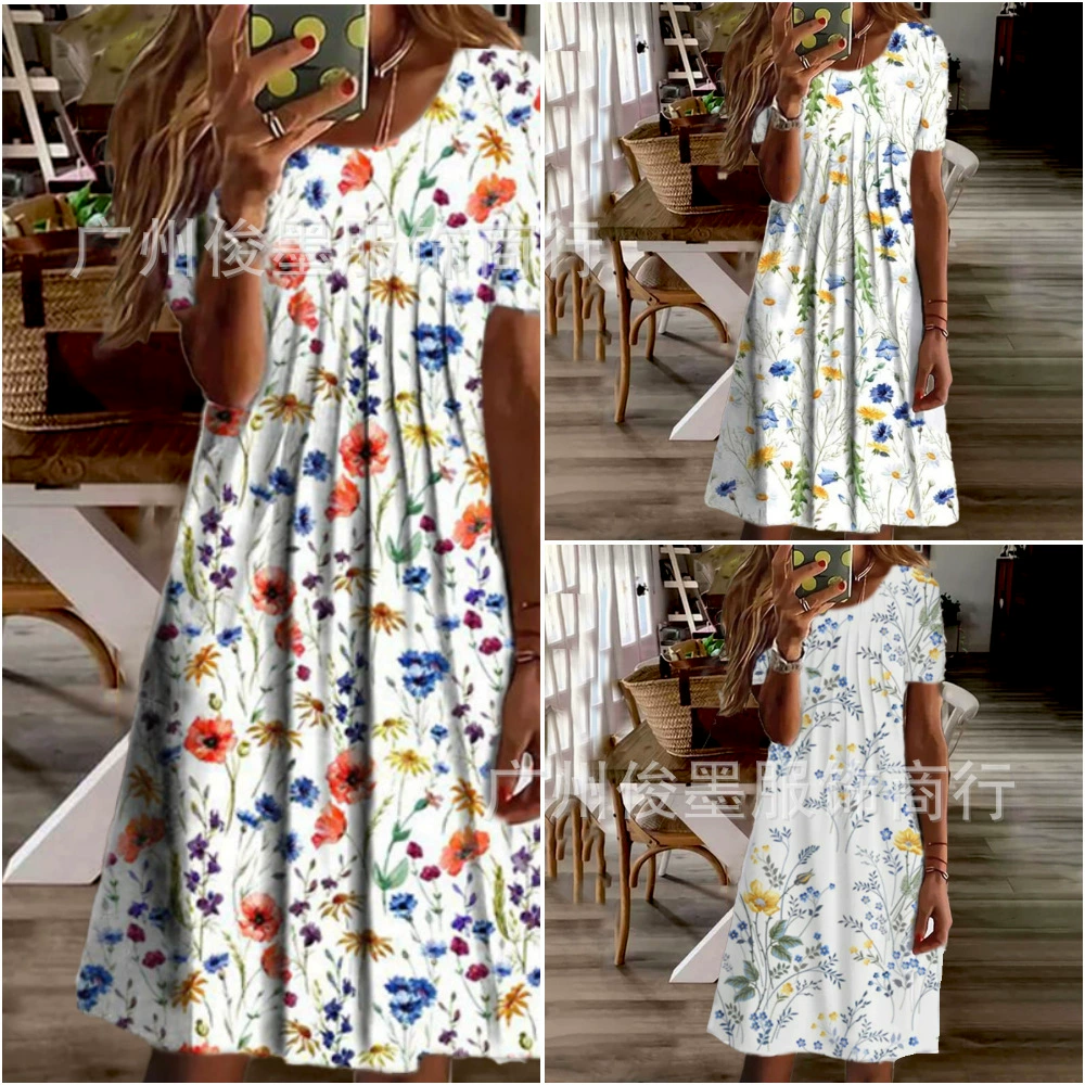 2023 Amazon TEMU европейские и американские большие размеры весенне-летнее женское элегантное большое платье-качели с круглым вырезом и принтом с короткими рукавами
