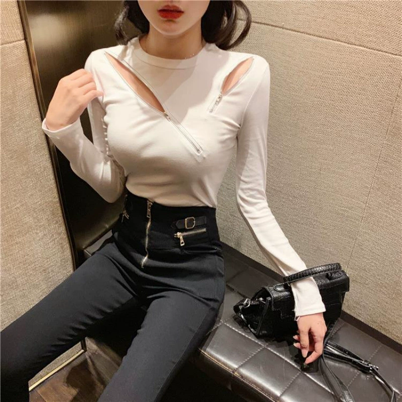 Short base body-friendly long-sleeve with zipper, Korean style, slim fit